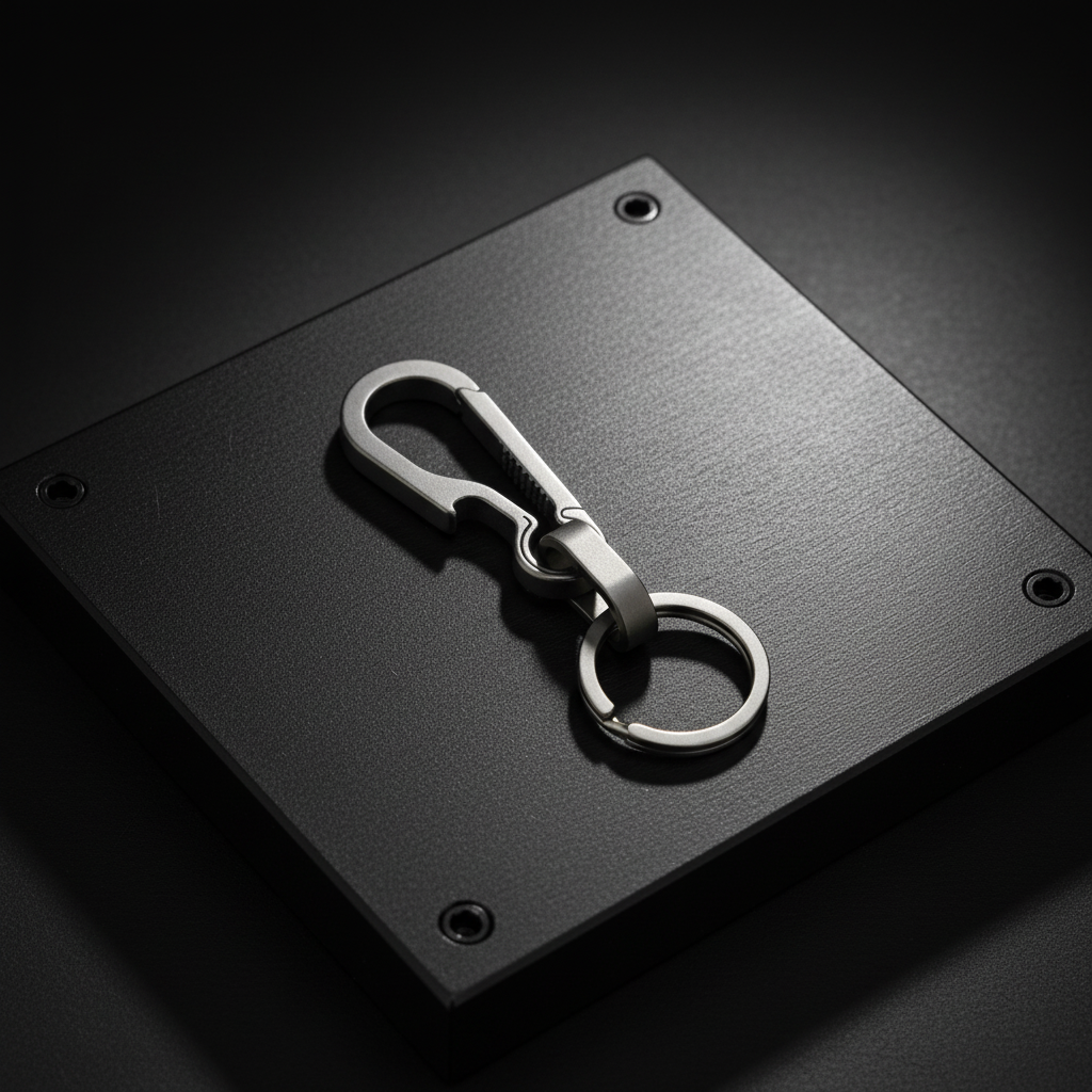 Titanium keychain on a black CNC-machined metal surface