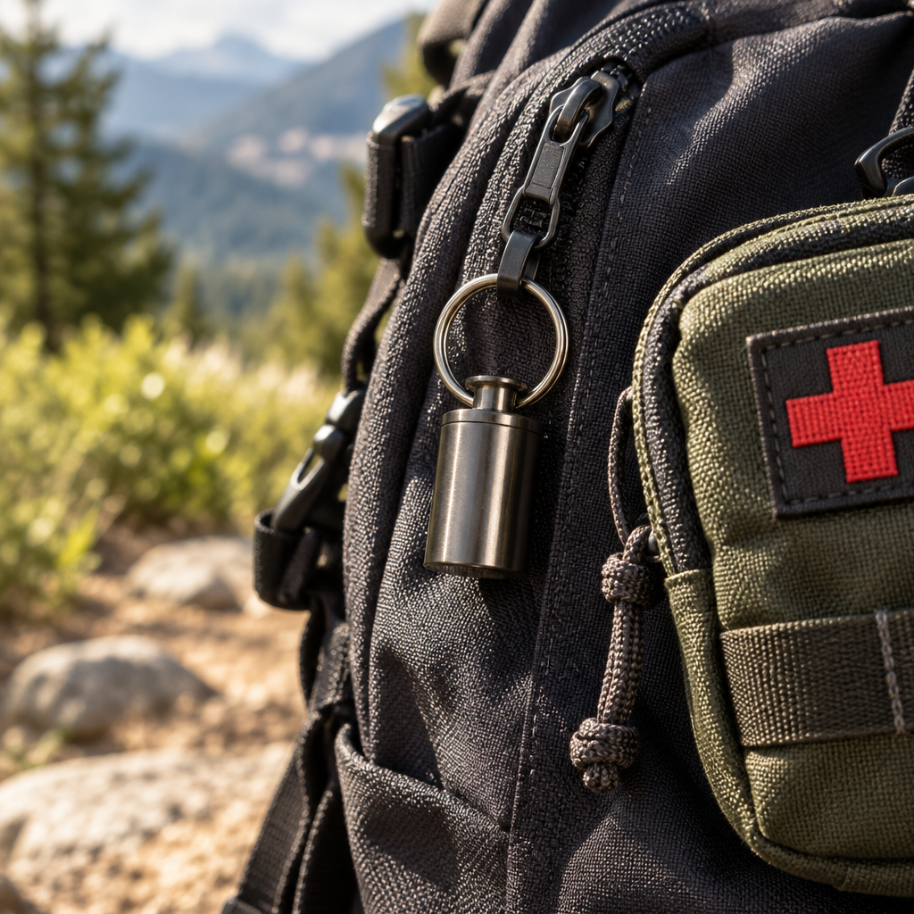 Titanium keychain pill container on a hiking backpack beside a first aid kit