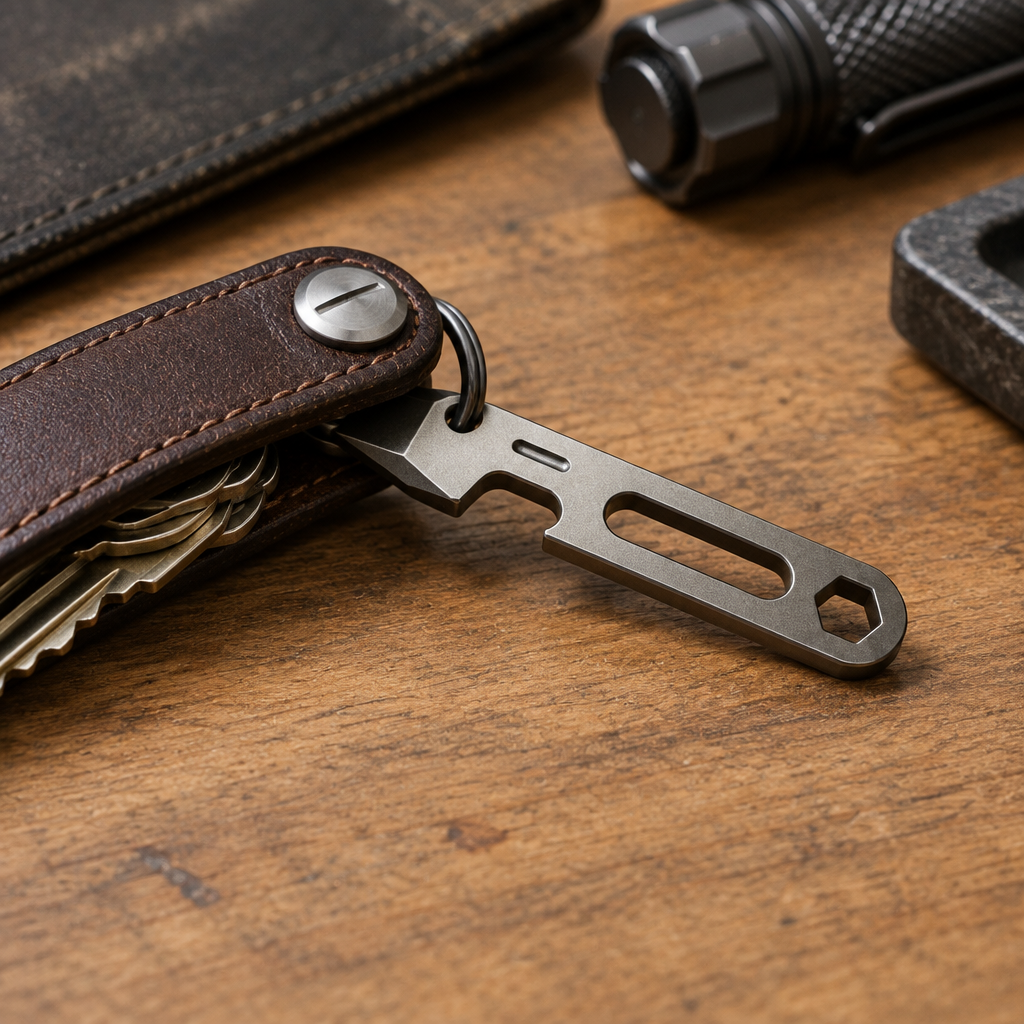 Titanium Multi-Function Pry Bar with leather key organizer