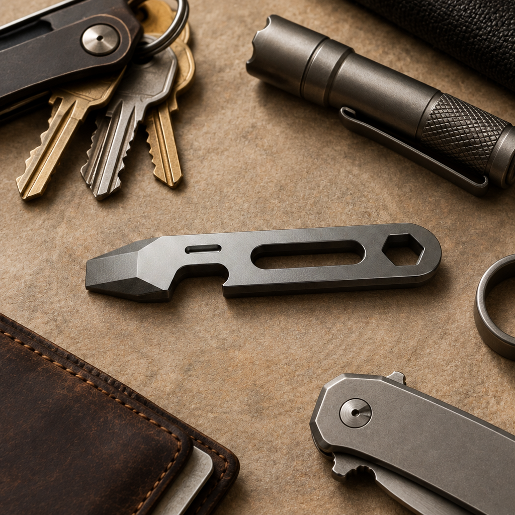 Titanium Multi-Function Pry Bar editorial flat lay