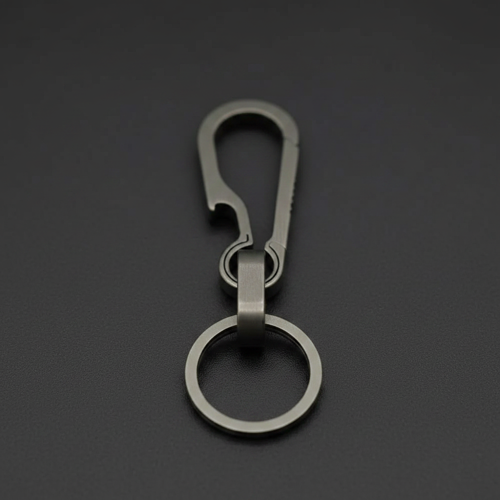 Close-up of titanium keychain machining and swivel connector