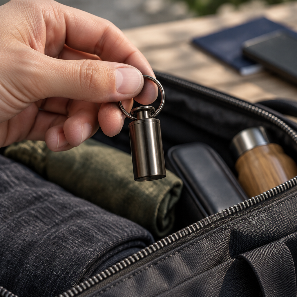 Titanium keychain pill container being packed for travel