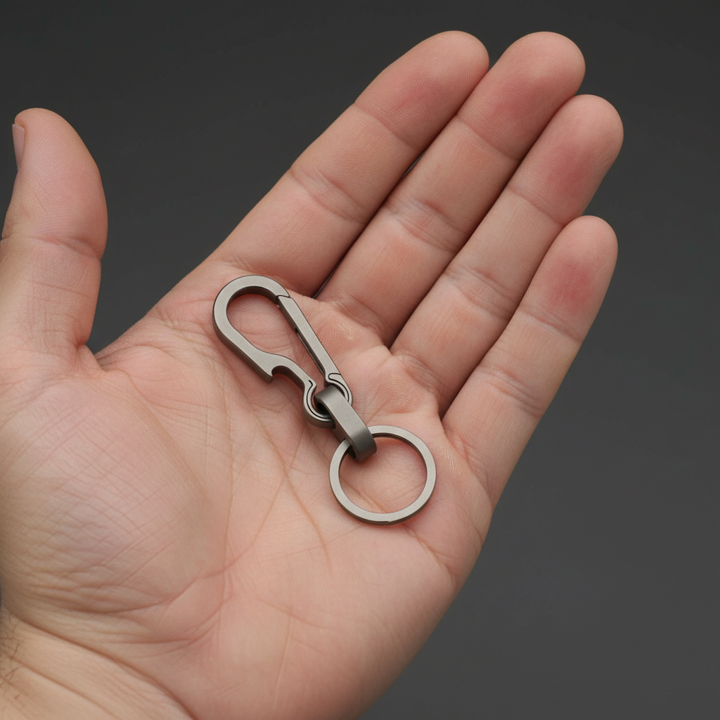 Titanium keychain held in hand to show its compact size