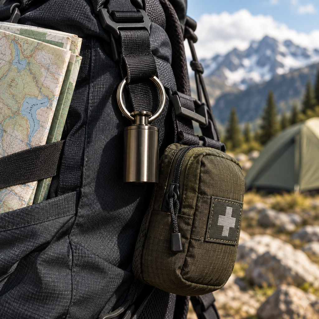 Titanium keychain pill container at an outdoor campsite