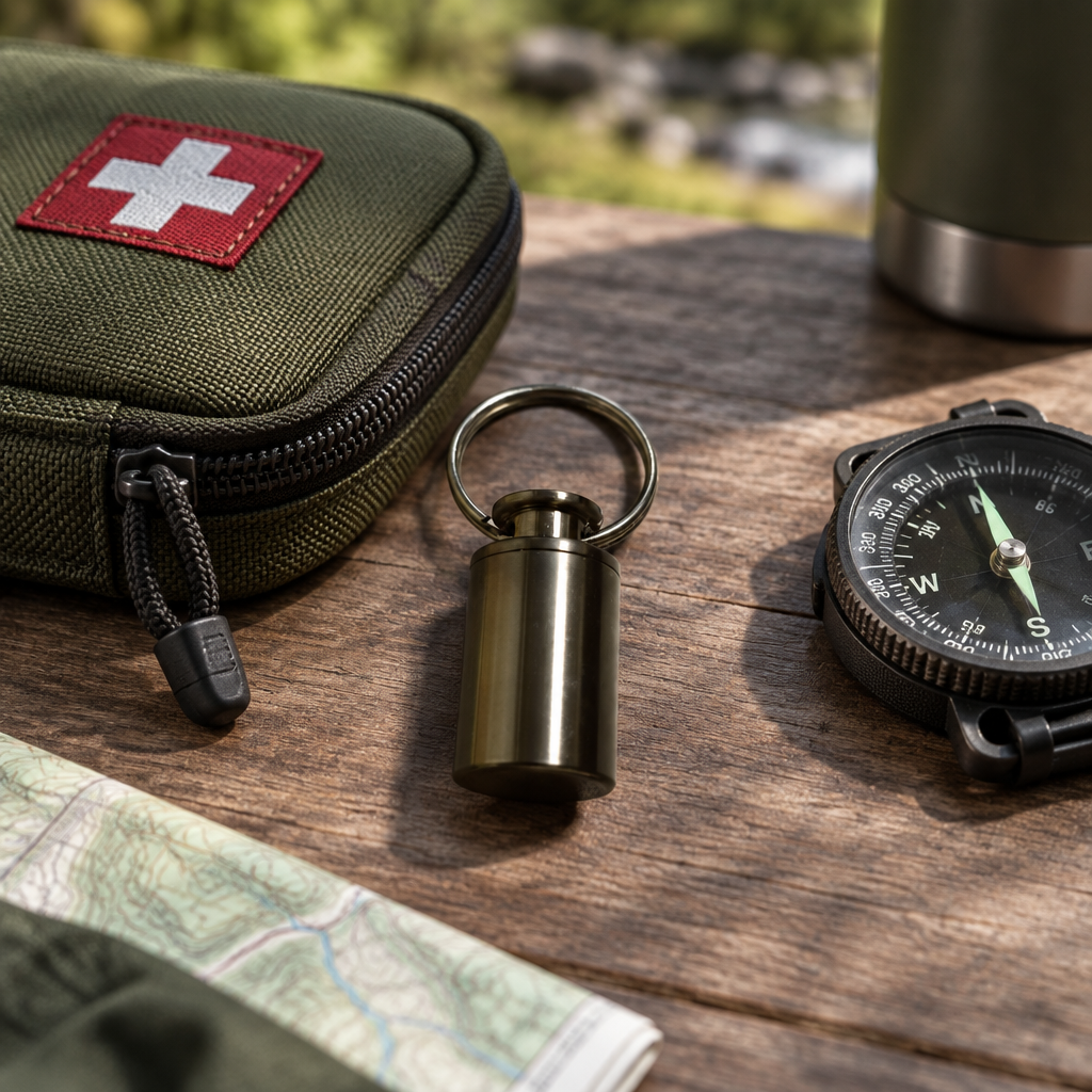 Titanium keychain pill container beside an outdoor first aid kit and compass