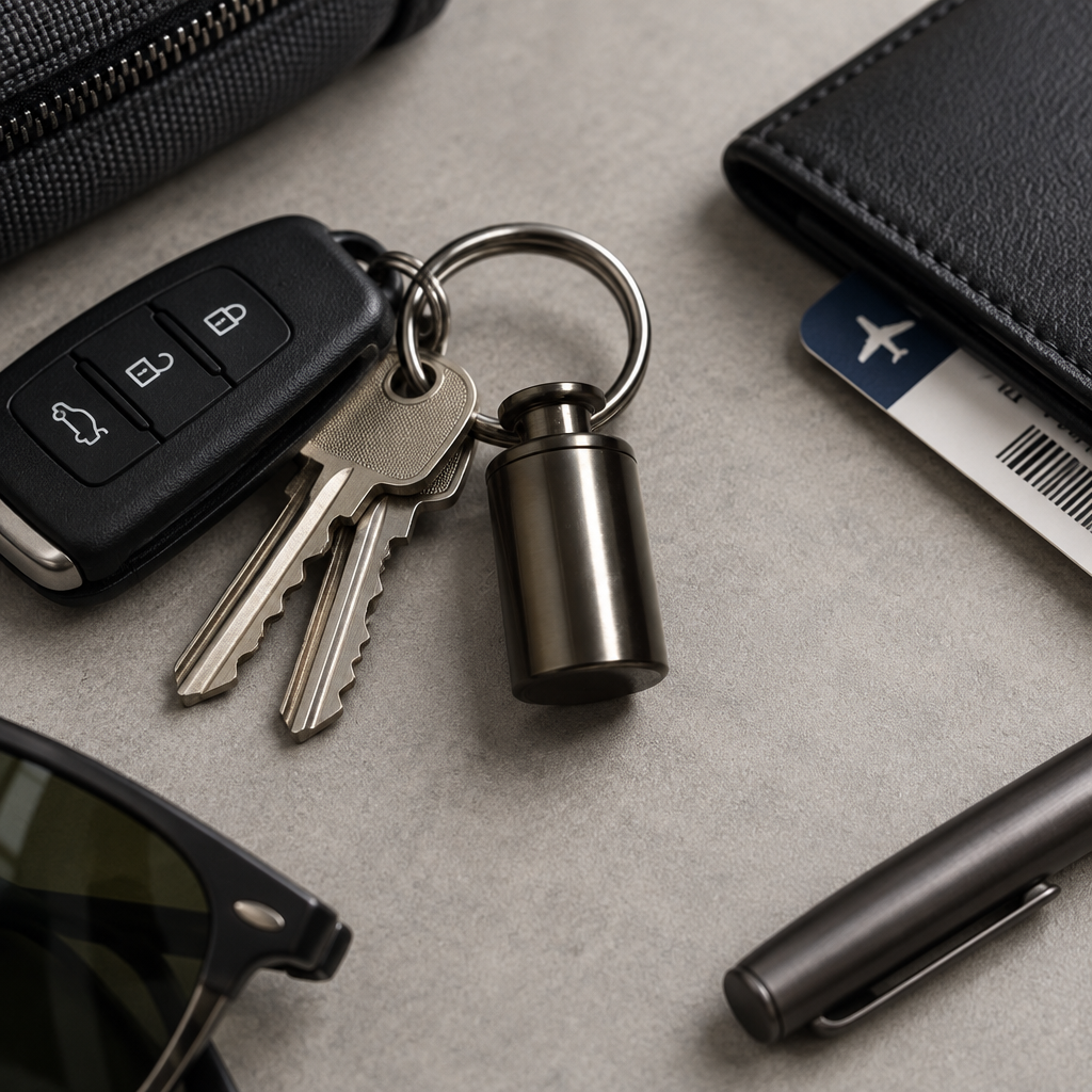 Titanium keychain pill container with travel keys and essentials